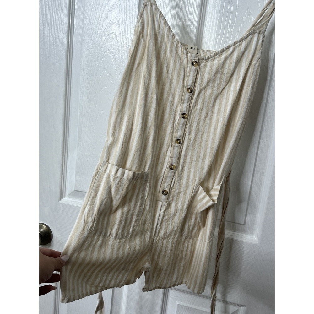 Billabong Striped Linen Blend Romper M Boho Coastal Beach Button Front Tie Belt - Picture 3 of 7